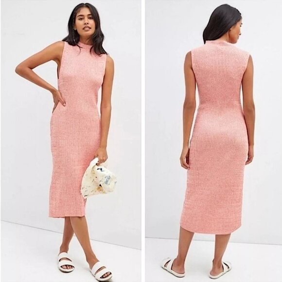 Anthropologie NWT Daily Practice Sweater Midi Dress M Coral Ribbed Sleeveless - Picture 1 of 8